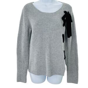 HALOGEN Gray Wool Blend Black Velvet Bow Detail Sweater Scoop Neck Pullover XS